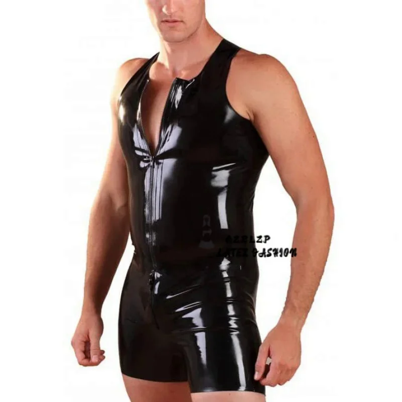 

Men's Black Latex Zipper Vest Latex Rubber Shirt Latex Top Shorts Clothing