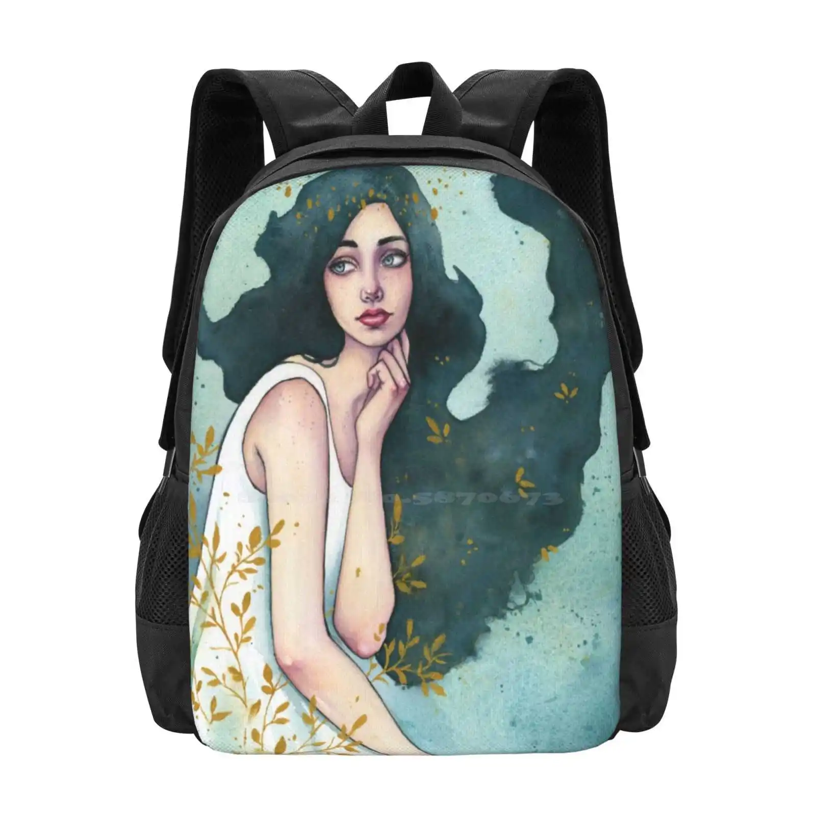 Turquoise Dream Hot Sale Backpack Fashion Bags Turquoise Watercolor Gouache Gold Flowing Hair