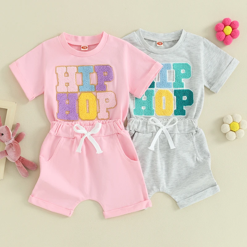 

2024-01-09 Lioraitiin 0-3Y Toddler Boy Girl Easter Set Letter Embroidery Short Sleeve T-Shirt with Solid Color Short 2Pcs Outfit