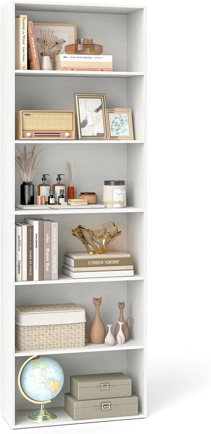 

Freestanding Bookshelf with 6 Open Shelves, Anti-Toppling Kits, Floor Display Storage Organizer for Living (White, 70" H)