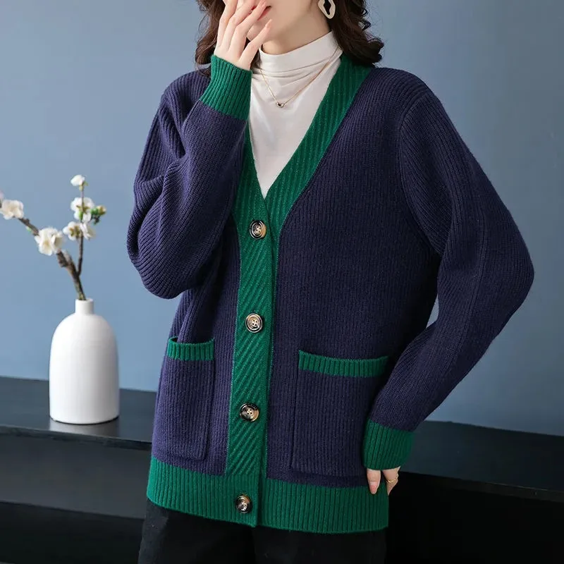 

Sweater Coat Women's Loose Korean Style Short Sweater Cardigan Contrast Color Tops for Women