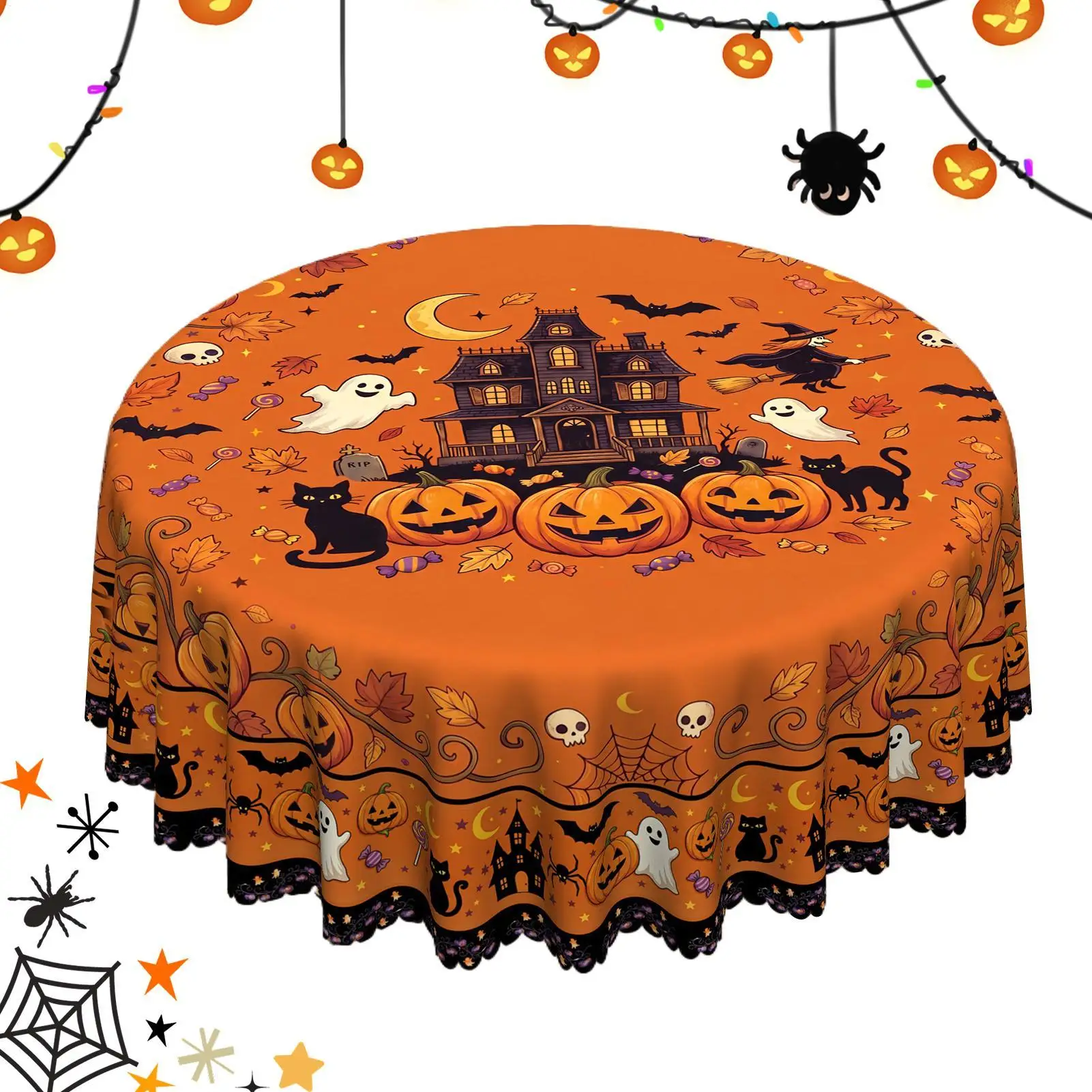 Halloween circular rectangular tablecloths Waterproof Splash-Proof Reusable Washable Protector pumpkin ghost bat castle patterns