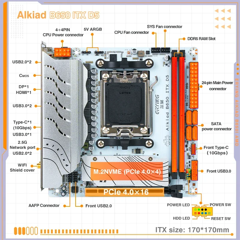 SmCpErying Am5 Motherboard Supports 7000 Series Cpu Processors Ddr5 Dual Channel Memory Ram Itx B650i 2*pcie4.0x4 M.2 Nvme