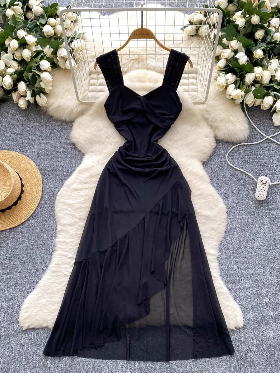 Foamlina Fashion Muse Design Kink Suspender Waist Irregular Ruffle Dress Women's French Mesh Midi Boho Holiday Dresses