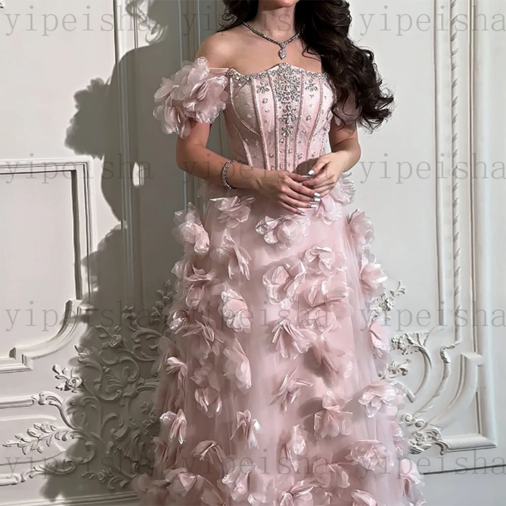 فساتين سهرة وردية مخصصة قبالة الكتف زهور ثلاثية الأبعاد حجر الراين الديكور مطرزة فستان حفلات ألف خط فستان حفلة عيد ميلاد #5