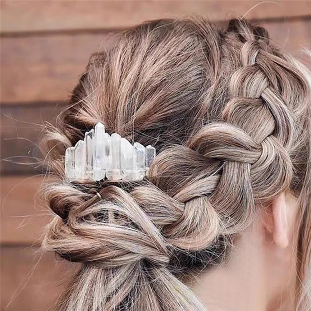 Natural Crystal Point Hair Comb Transparent Quartz Crown French Bride Wedding Ornament Viking Hairpin Craft Woman Jewelry Gift