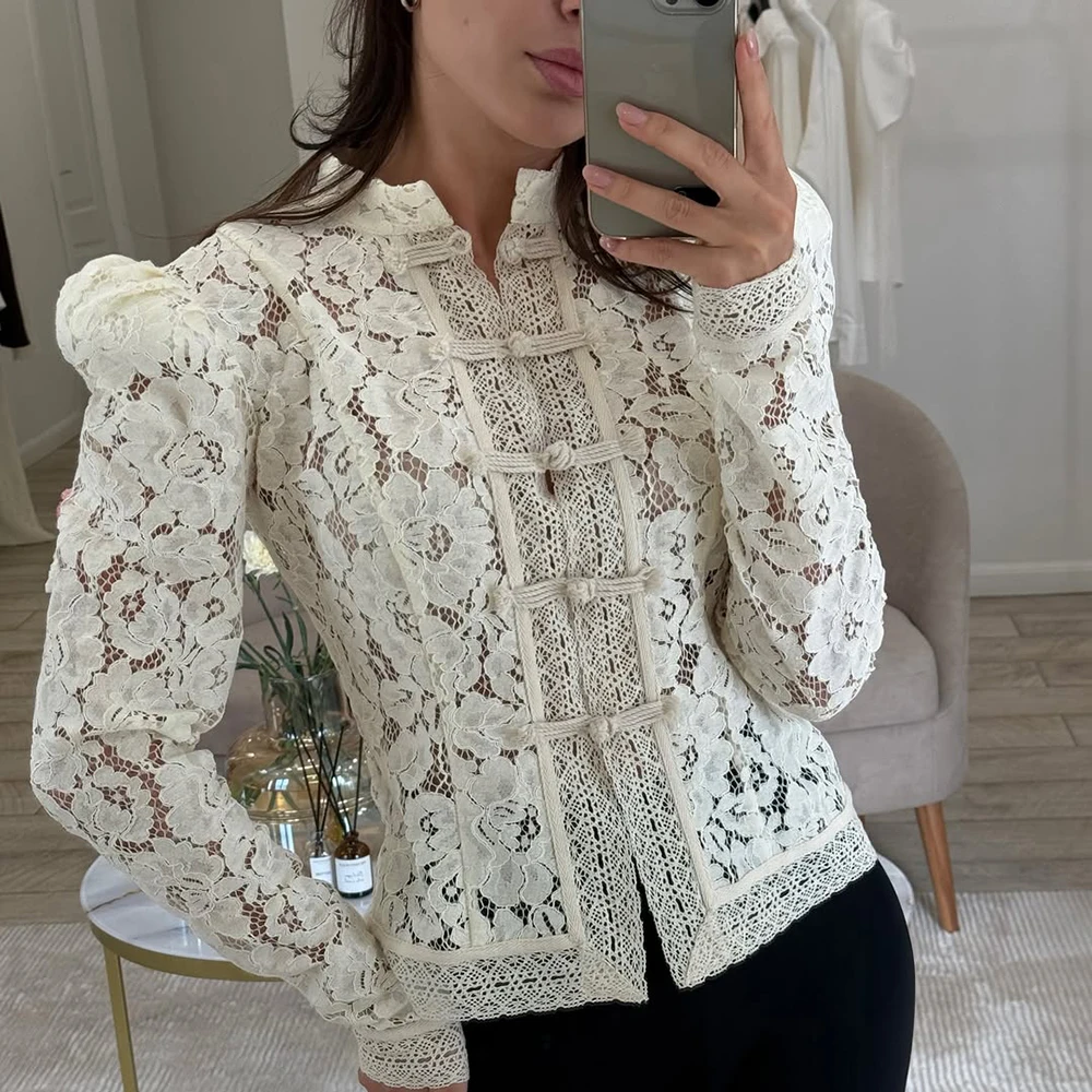 Elegancka luksusowa koronkowa bluzka, modna koszula z koronkowym nadrukiem, zapinana na jeden guzik, dopasowana, w stylu vintage, ładna bluzka damska na imprezę, letnie topy.