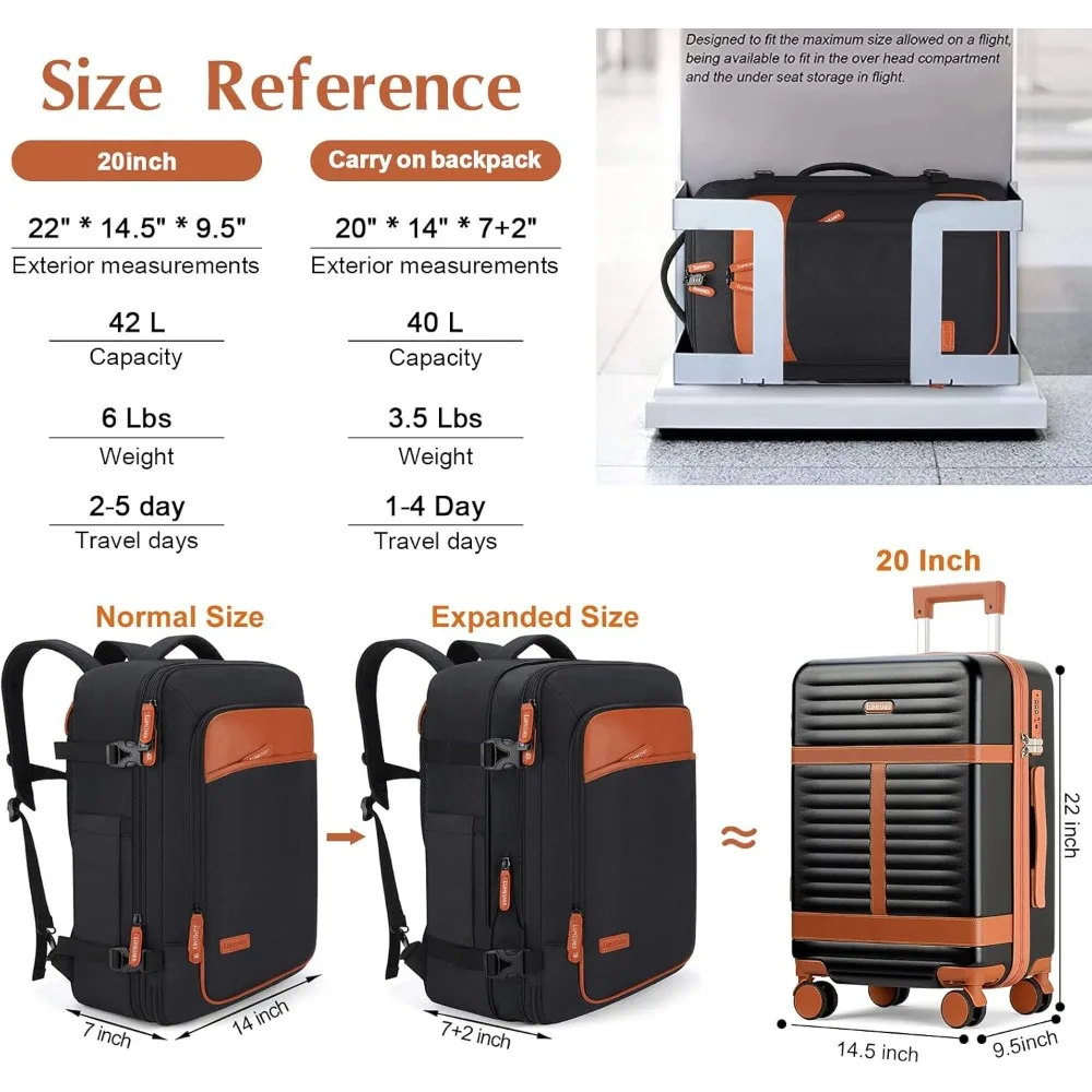 طقم أمتعة مكون من 5 قطع مع حقيبة ظهر، 20 حقيبة حمل على الجانب الصلب، قفل TSA، كمبيوتر متين، أسود #5