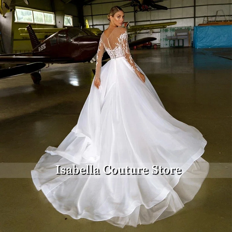 A-Line Bohemian Wedding Dress Charming Lace Applique Beads O-neck Organzeda Tulle Long Sleeve Beach Bridal Gown Custimzed