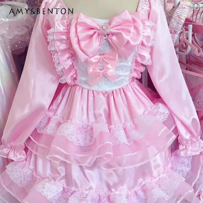 

Original Japanese Design Pink Sweet Girl Y2k Women's Princess Dress 2026 New Cute Bow Kawaii Lace Splicing Short Dresses Ladies