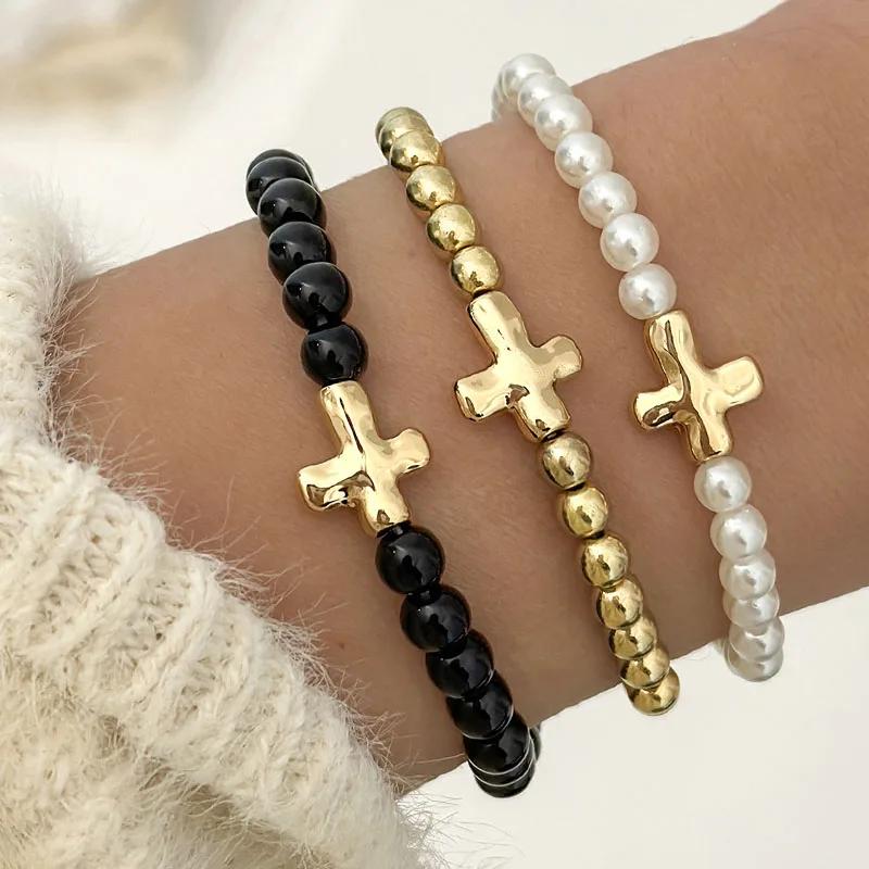 3Pcs Stackable Round Beaded Bracelets Set for Women Gold Cross Charm Lightweight Elastic Stretch Waterproof Hand Chains Jewelry