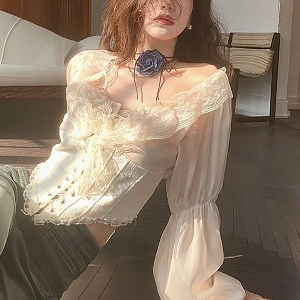 

French Court Style Mesh Ruffled Lace Chiffon Tops Patchwork Lace Chiffon Blouse Blusas Embroidery Lace-up Shirts Spring Summer