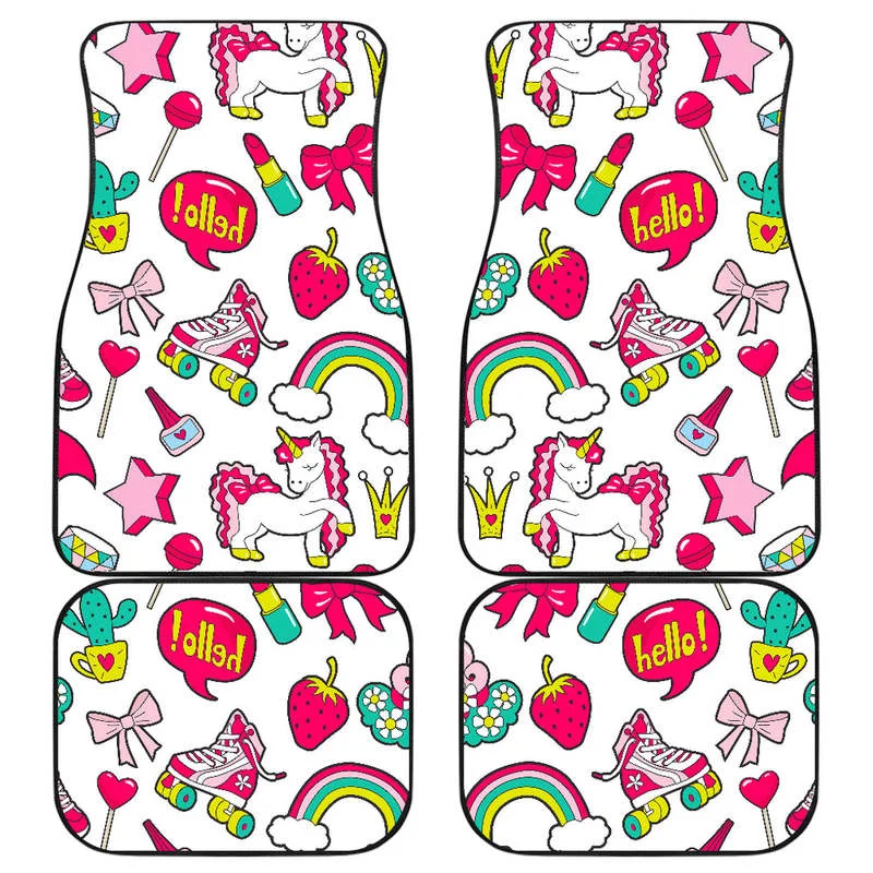 

White Girly Unicorn Pattern Print Front and Back Car Floor Mats Heavy Carpet Front and Rear Full Set 4PCs Pack