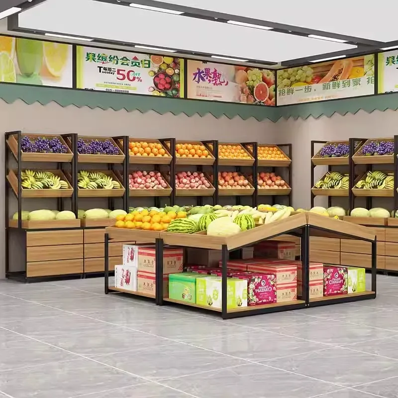 Supermarket Fruit Shelf Display Rack Multifunctional Steel Wooden Vegetable Shelf for Fruit Store Commercial Use