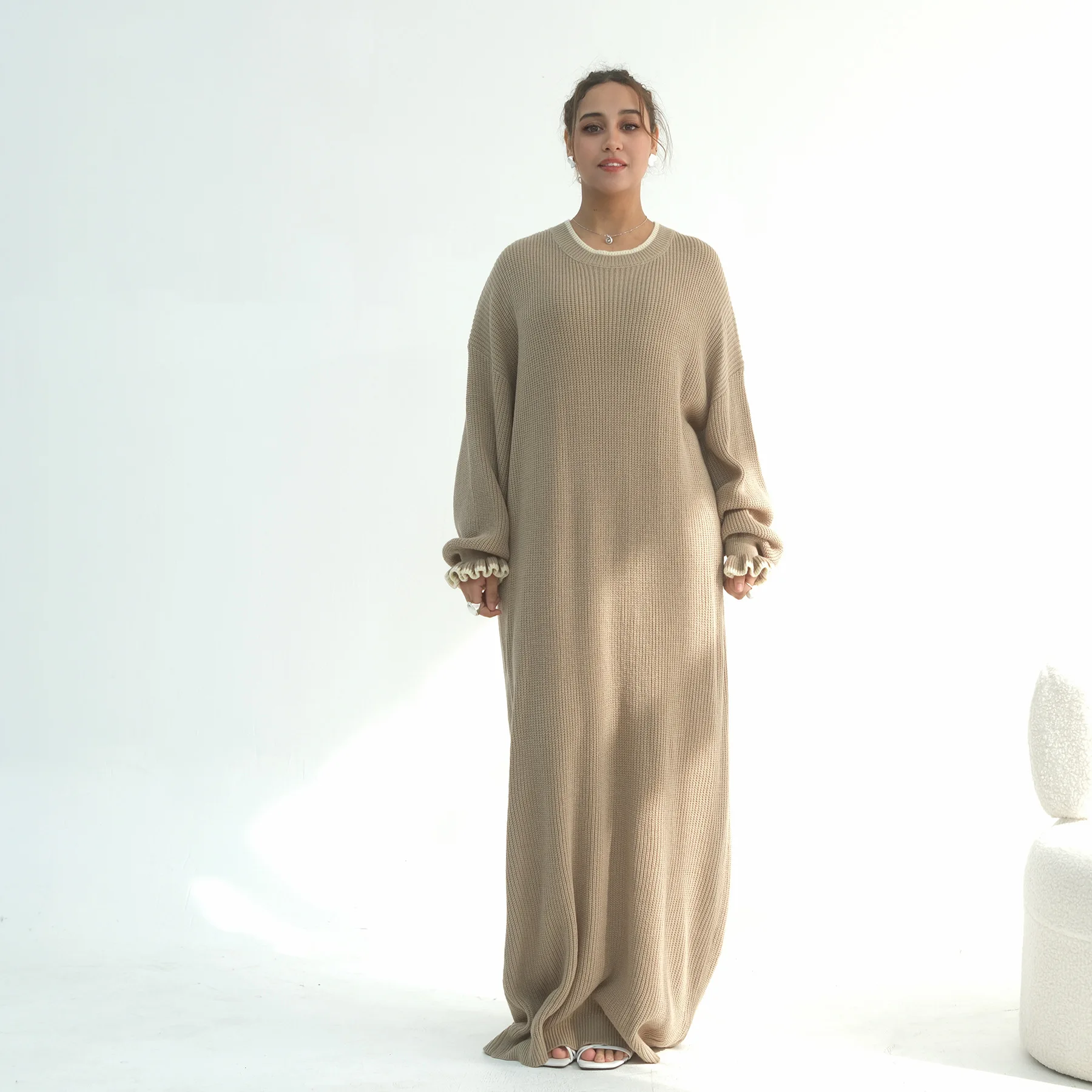 Muslim Dubai Middle East Winter Thicken Warm Knit Sweater Abayas For Women Evening Long Dress Ramadan Robe Femme Islam Clothing