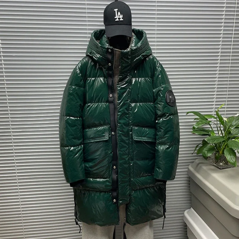 New Men Grey Duck Down Jacket Winter Coat Mid-length Below The Knees Parkas Glossy Loose Outwear Hooded Youth Overcoat