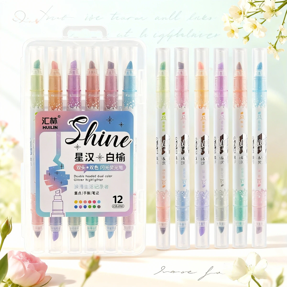 

6pcs Dual-Headed Glitter Highlighters, 12 Colors Fluorescent Markers, Fine Tip for Note-Taking, Doodling, School Supplies