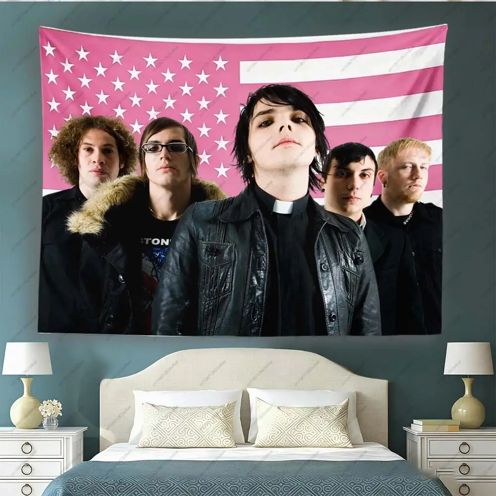 Rock Band Portrait Tapestry Pink American Flag Background Wall Hanging Cloth Bedroom Dorm Man Cave Home Aesthetic Wall Decor