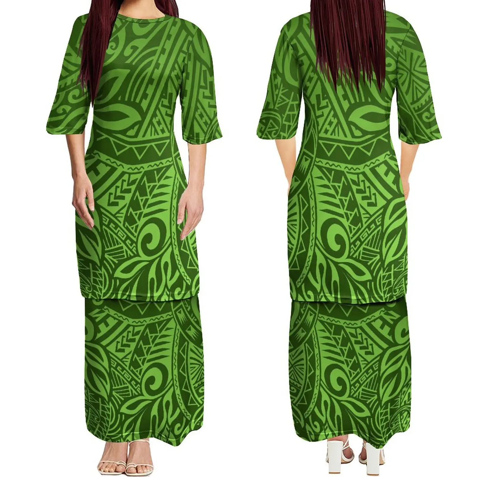 Round Neck Regular Sleeve Samoan Women\'s Double Suit Long Dress Print Custom Design Polynesian High Quality Dress Puletasi