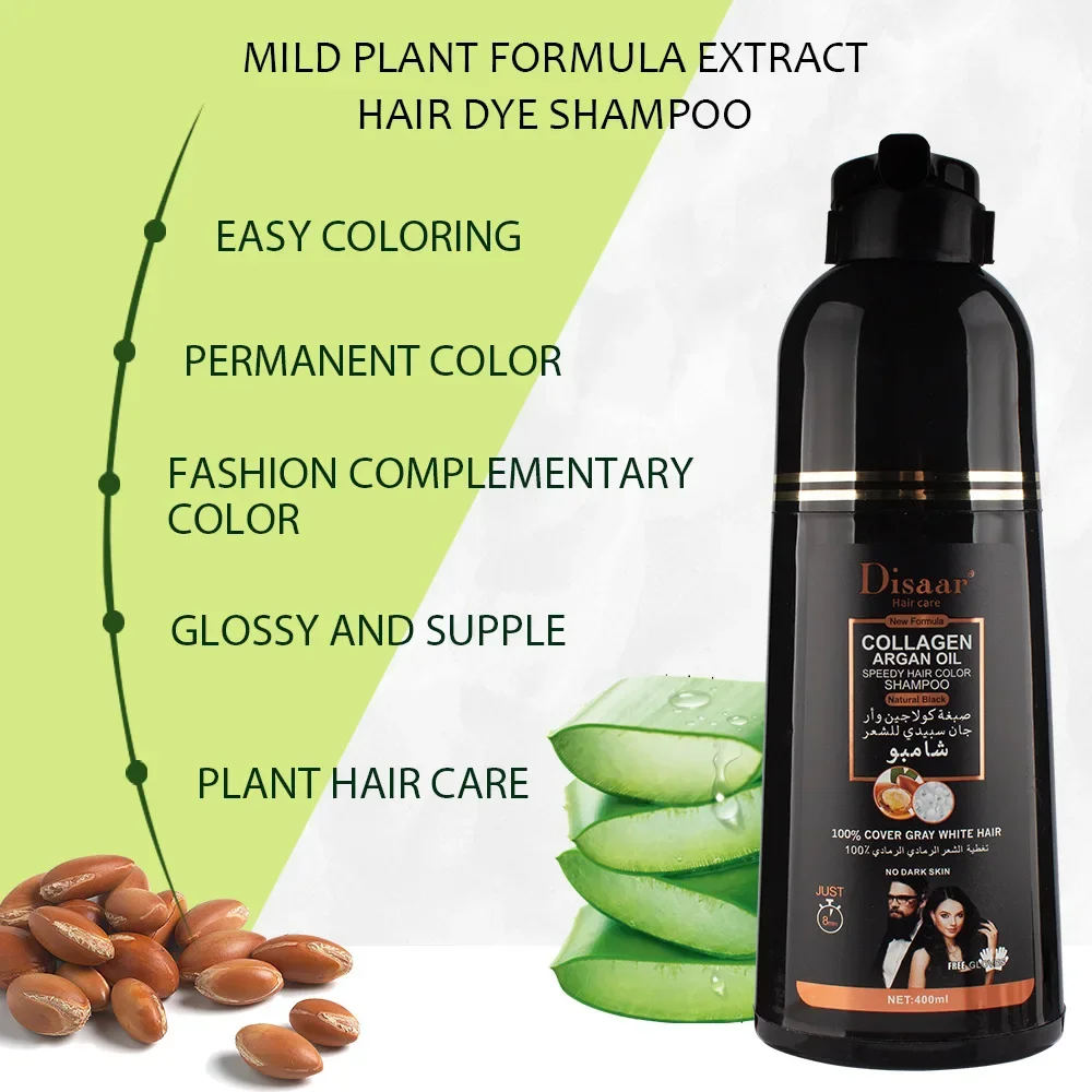 DISAAR-Shampoing magique rapide à l\'huile d\'argan marocain pour cheveux gris, colorant réparateur pour cheveux abîmés, crépus et rugueux, 400ml