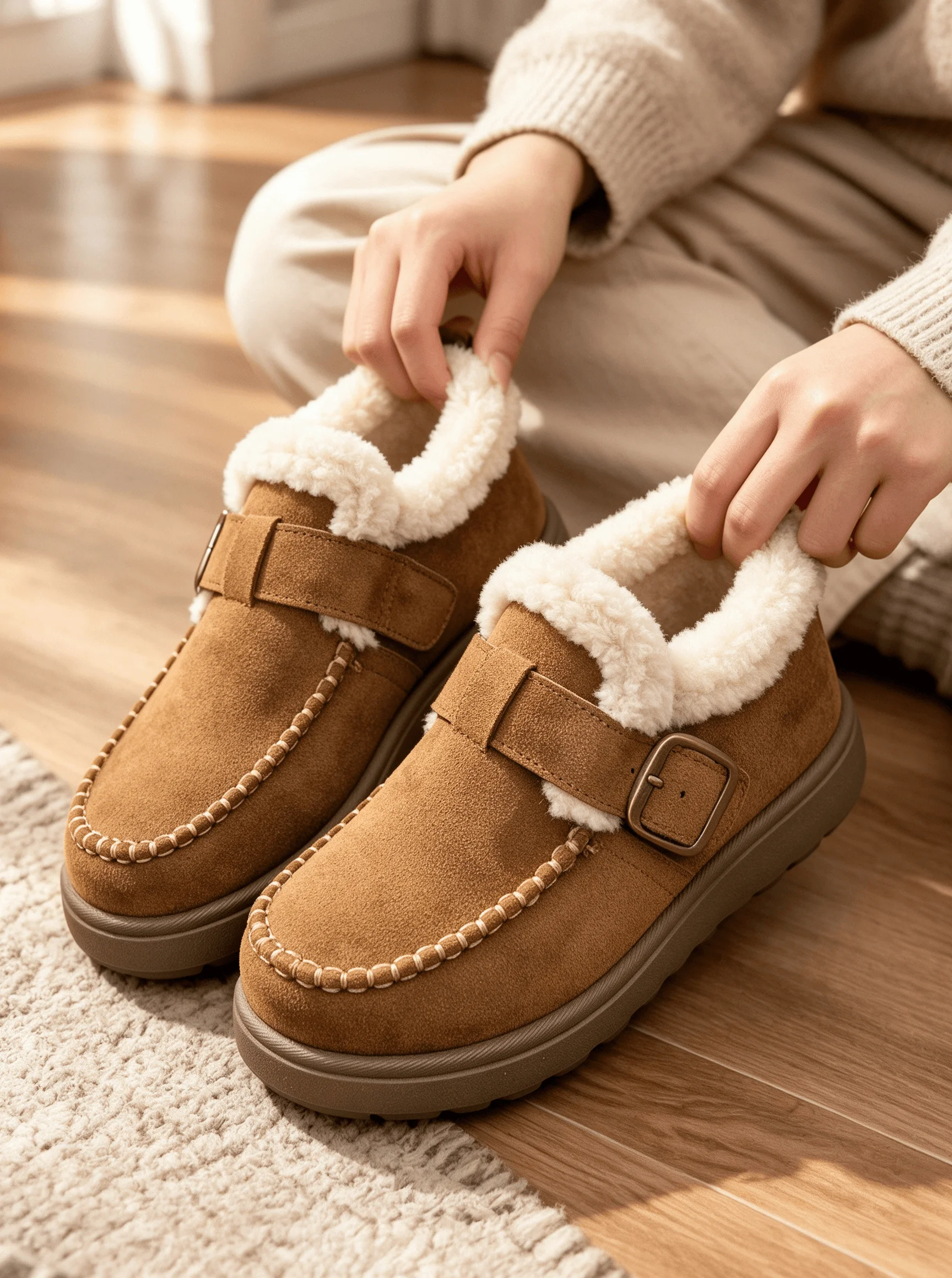 Damen Winter Plüsch Warme Baumwollschuhe, mit Schnallenriemen, Lässige Stiefeletten, Lässige Flache Schuhe – Detail 2
