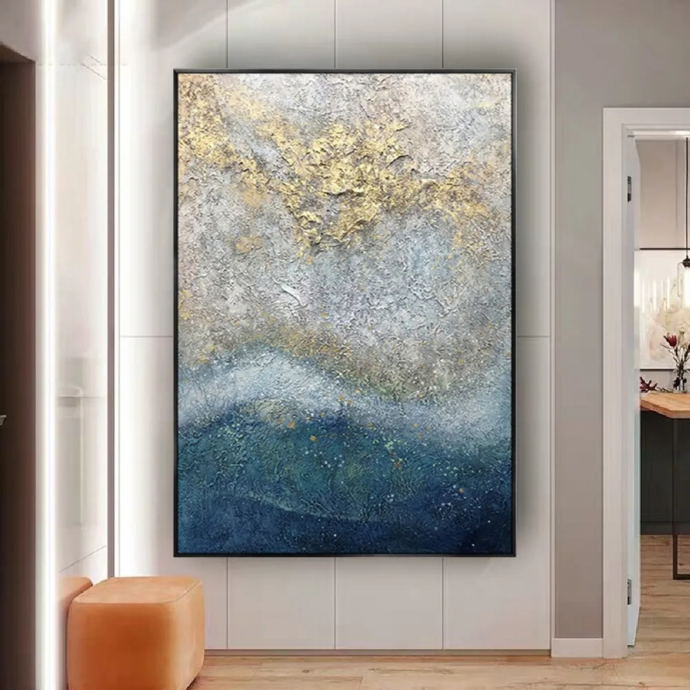 Large Handmade Gold Foil Oil Paintings On Canvas Abstract Blue Picture For Home Decor Living Room Sofa Wall Art Painting