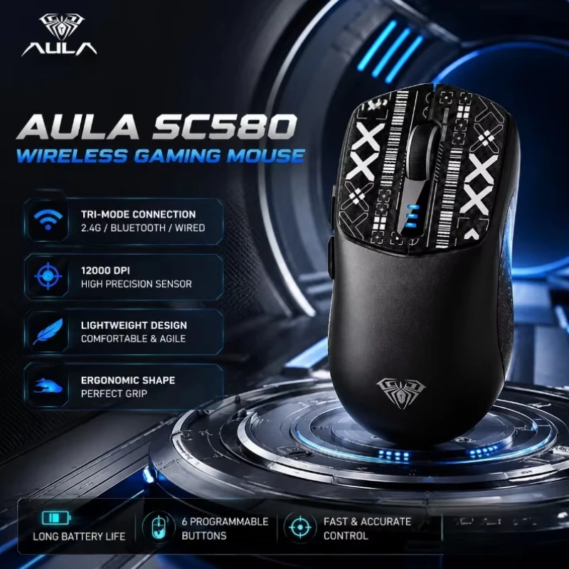 AULA SC580 Gaming Mouse Tri Mode Bluetooth 2.4G Wired 12000DPI Lightweight Ergonomic Rechargeable Computer Mouse For PC Gamer