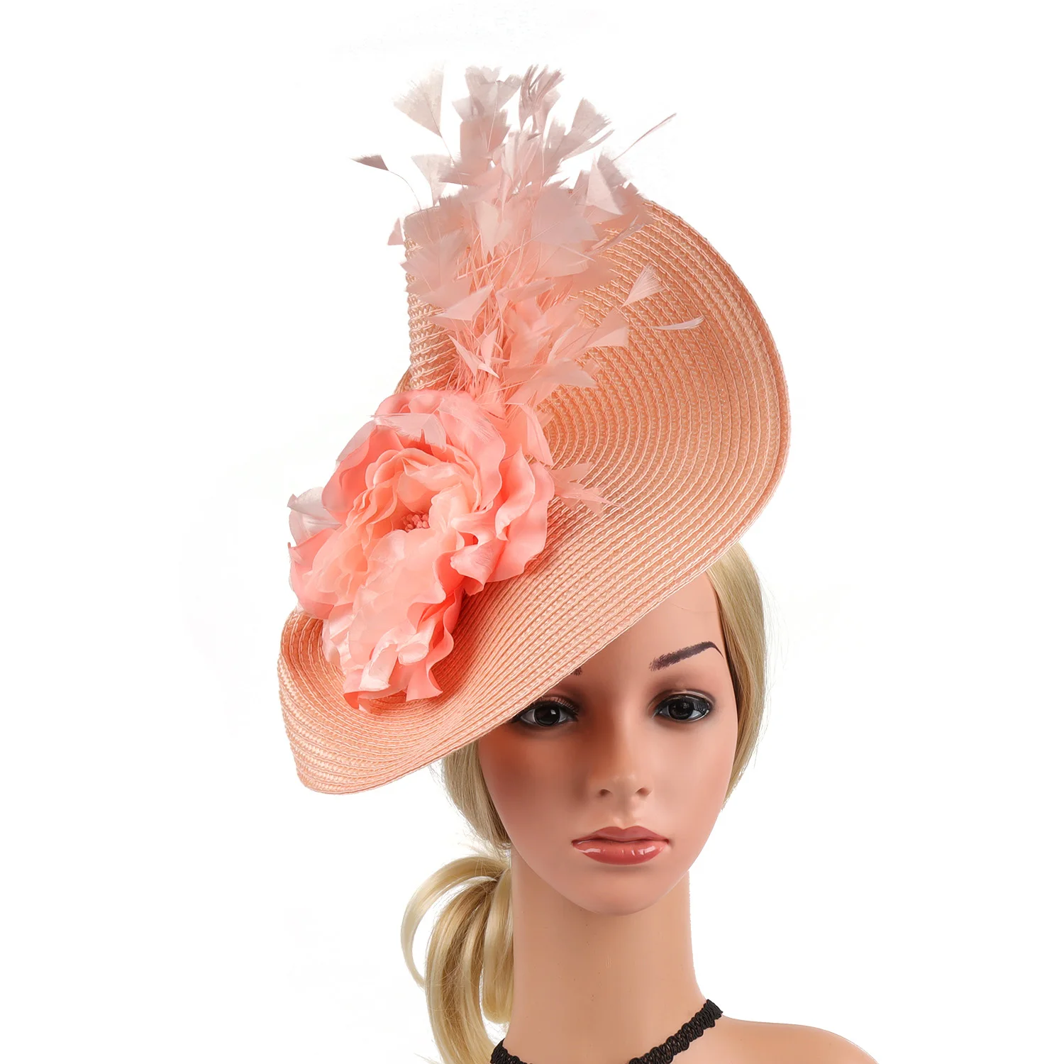 Pleciony kapelusz z fascynatorem z kwiatem z piór, duży kapelusz Derby Kentucky Jockey Club Church Cocktail Tea Party Ascot Headwear