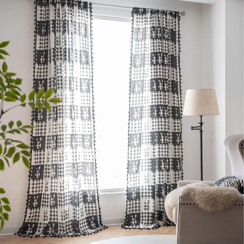 Black and White Checkered Rabbit Print Fringe Curtains Polyester Cotton Semi-blackout Kitchen Valance Living Room Curtain