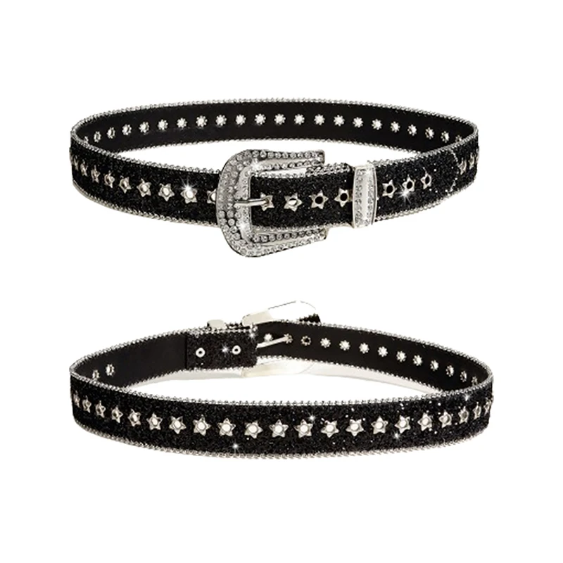 Y2K Rhinestones Buckle Belt Punk Star Hole Waist Strap Gothic Fashion Personality Belt For Cowgirl Skirt Waistband For Women Men