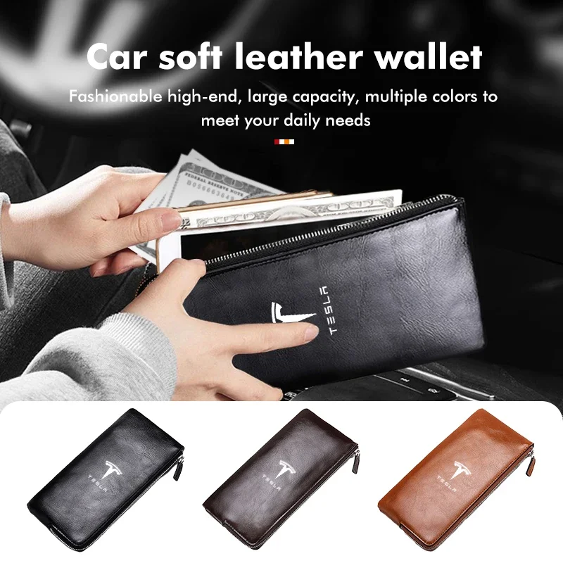 Car Internal Newe Soft Leather Long Wallet Large Wallet  For Tesla Model 3 S X Y