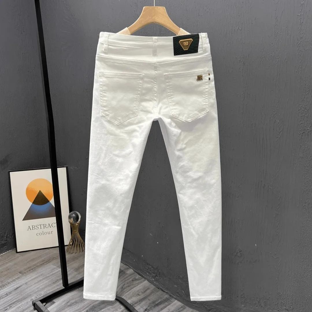 

Elegant White Cotton Slim Fit Jeans for Men Simple Summer Business Style mid Waist Nine Point Small Foot Denim Breathable