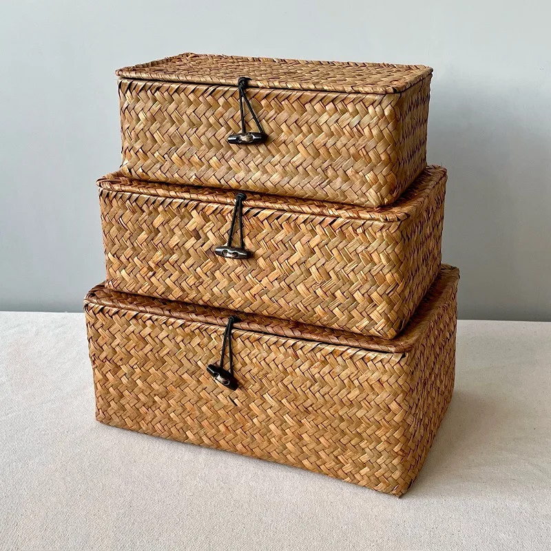 

1Pcs Woven Storage Box Rectangular Seagrass Basket Gift Bags Storage Organizer Desktop Sundries Container Home Wrapping Supplies