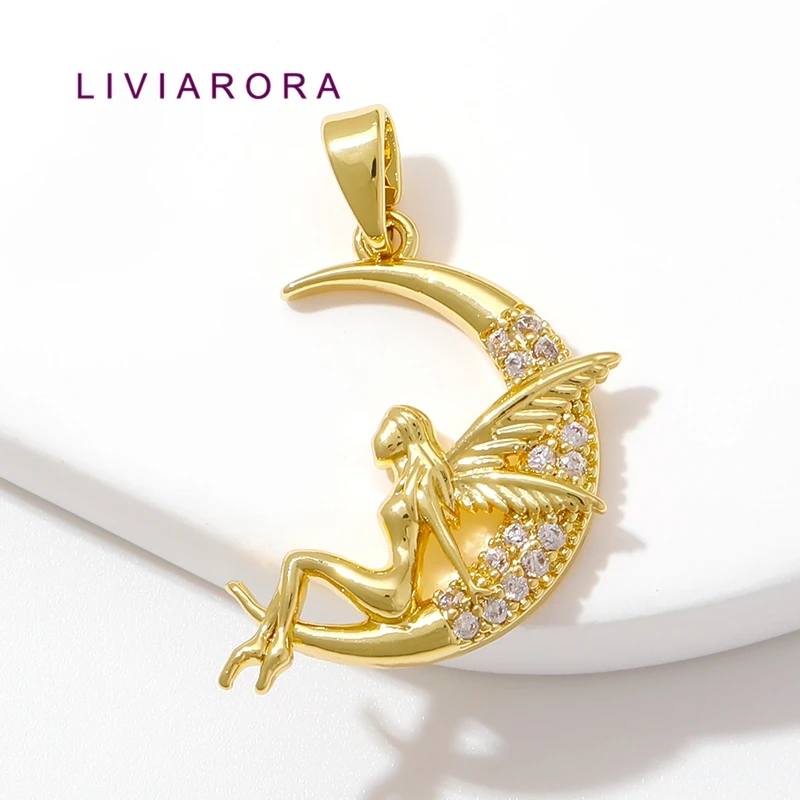 1/2/3Pcs 18K Gold Plated Brass Crescent Moon Pendant For Jewelry Making,CZ Fairy Angel Wings Charms For DIY Necklace Making