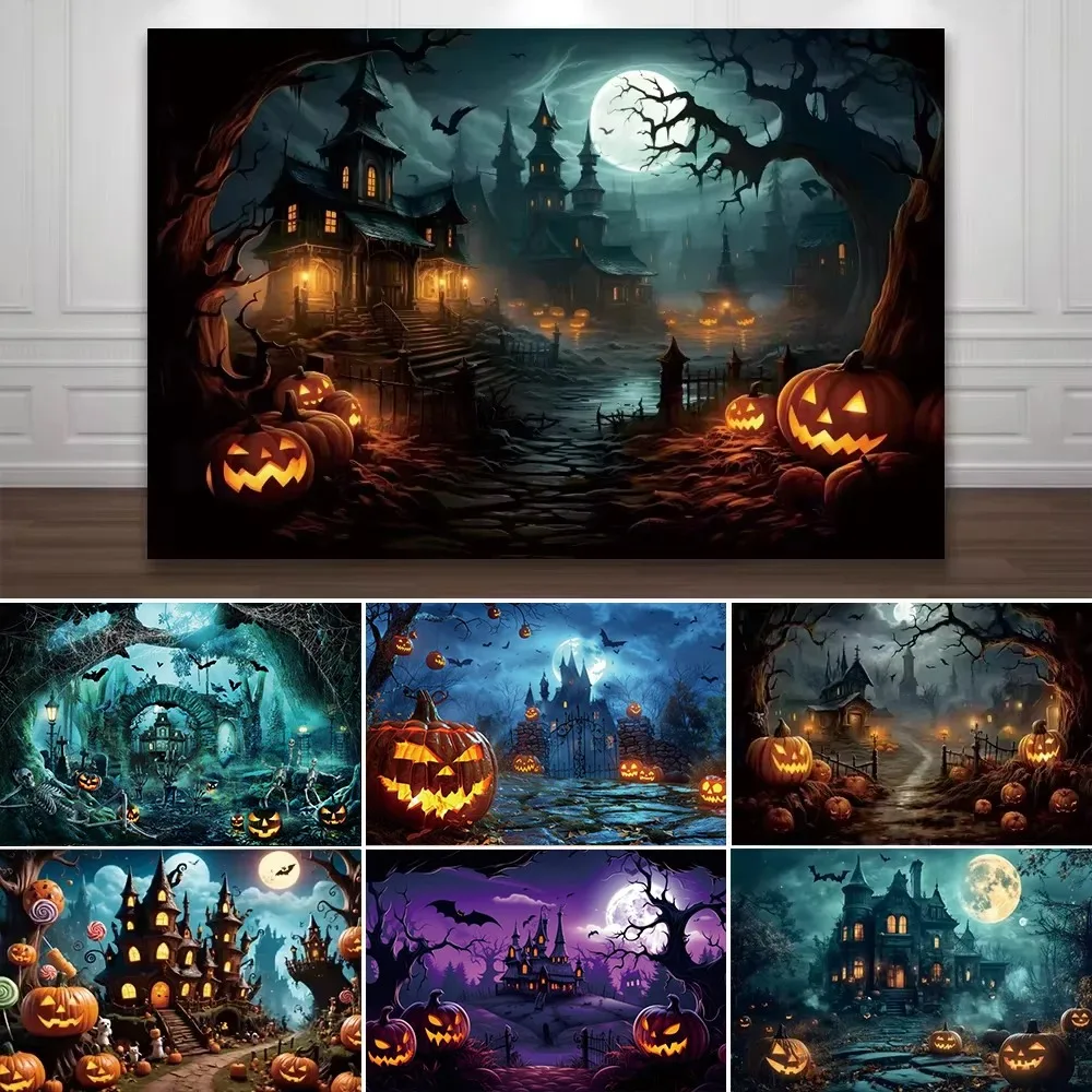 Halloween Eve Photography Backgrounds Night Castle Moon Pumpkin Lights Skeleton Family Party Photozone Horror Theme Backdrop