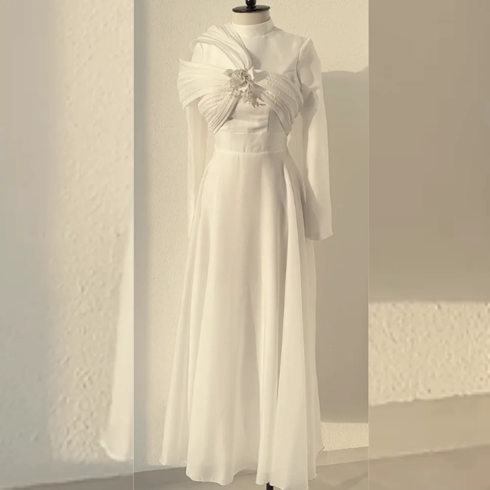

Customized Sizes Available Jersey Flower Pleat A-line High Collar Long Dresses Bespoke Occasion Simple