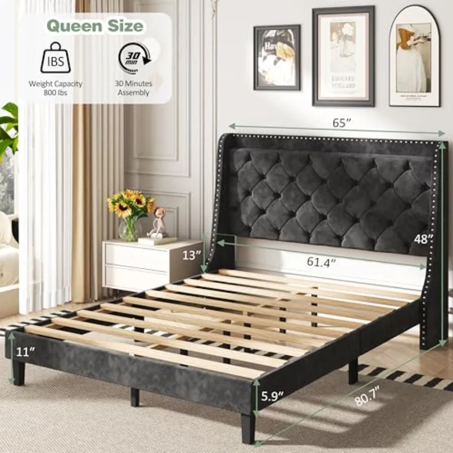 Queen Size Bed Frame for Bedroom Use, Velvet Fabric in Black with Tufted Button Detail, Wingback Storage Headboard, Strong Wood