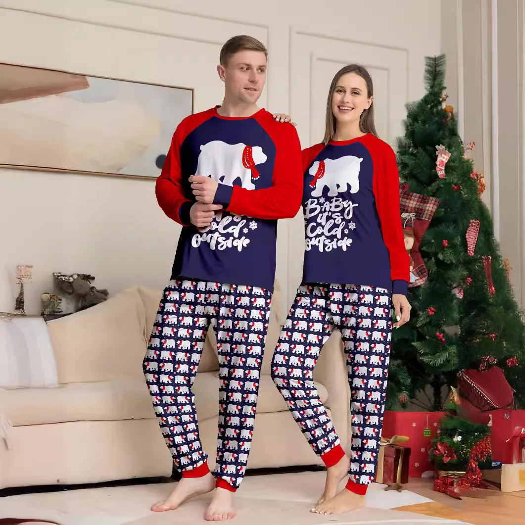 New Christmas family parent-child set from Europe and America two-piece home wear with bear print mother-daughter pajamas
