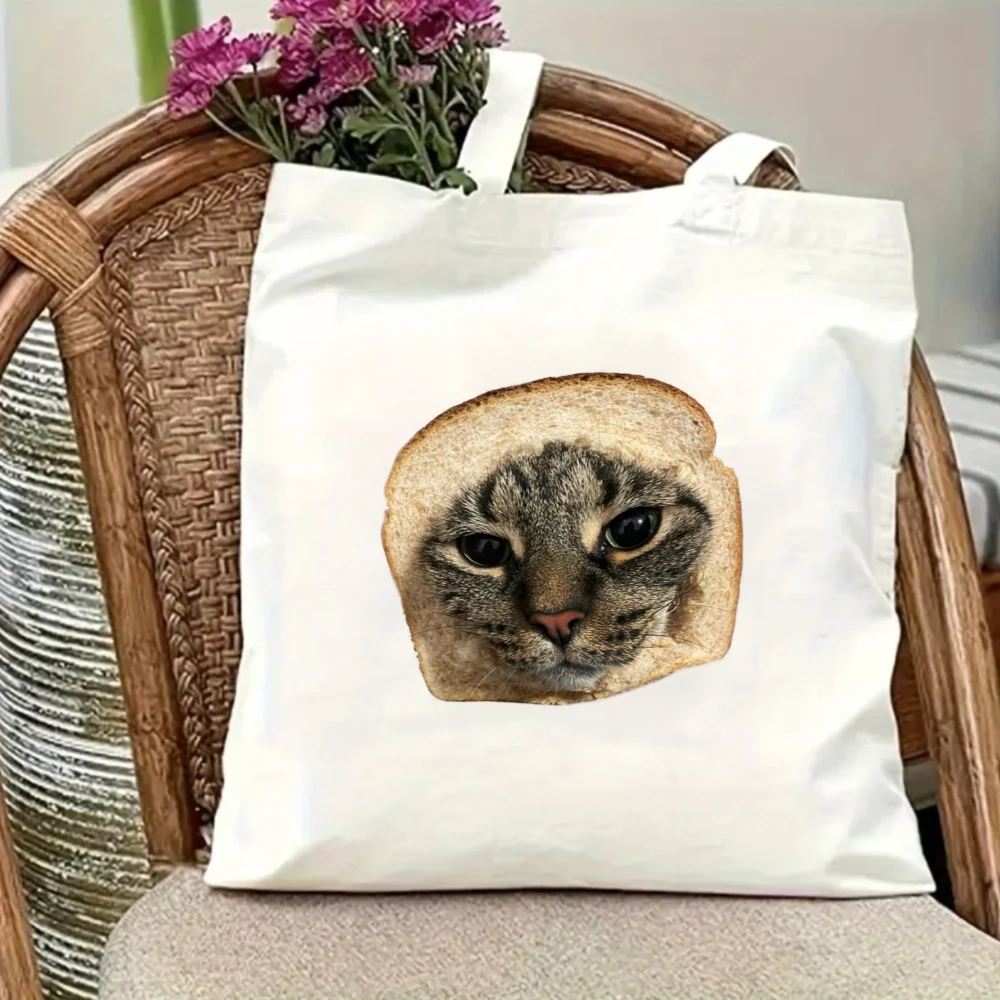 Cat In Bread Slice Print Canvas Tote Bag, Funny Meme Pet Themed Shoulder Bag For Cat Lovers