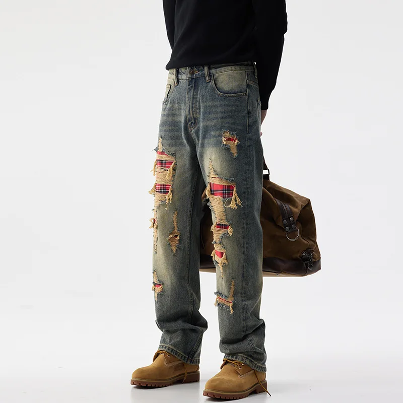 American Retro Tattered Jeans Patch Loose Straight Jeans Men's Autumn 2024 Personalized Men's Clothing Nostalgic Y2K Trousers