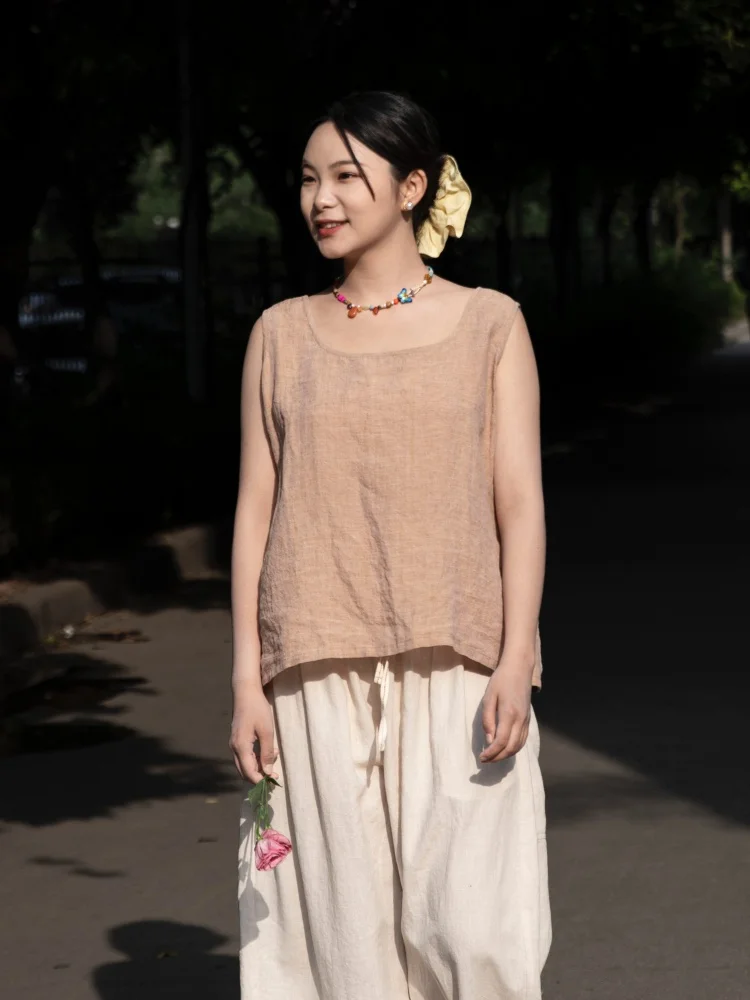 

Женский летний топ Yuwenti из тканого льна, свободный, художественный, простой, универсальный, на бретельках, повседневный, удобный, однотонный