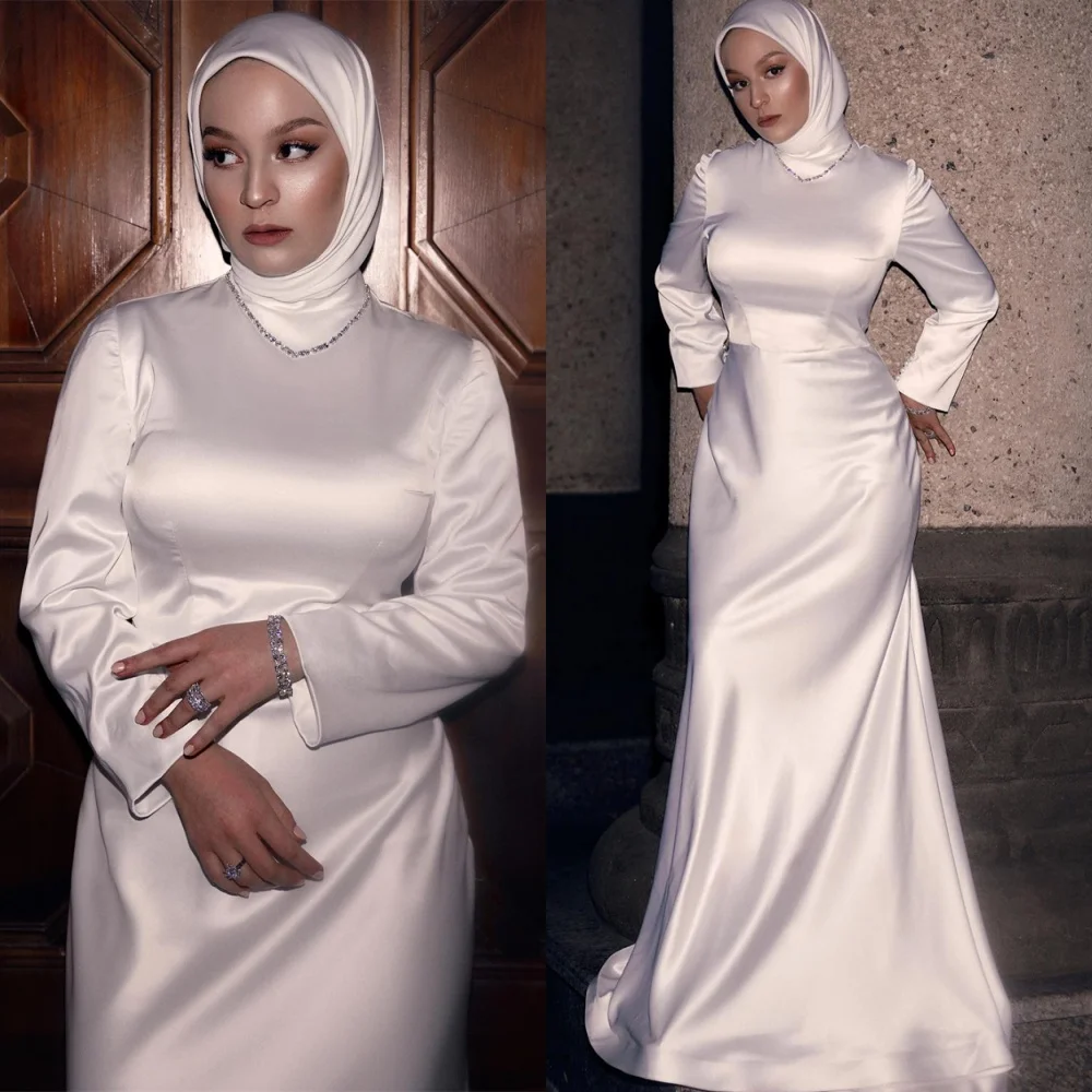 

Customized Fashion White Satin Evening Dress Exquisite Long Sleeves Homecoming Dresses Temperament Special Occasion Gowns