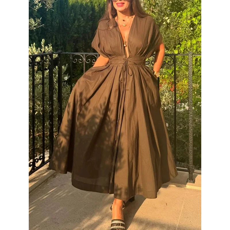 Sukienka damska w stylu retro z wiązaniem w talii, krótki rękaw, guziki, letnia moda, elegancka sukienka w stylu high street 2025