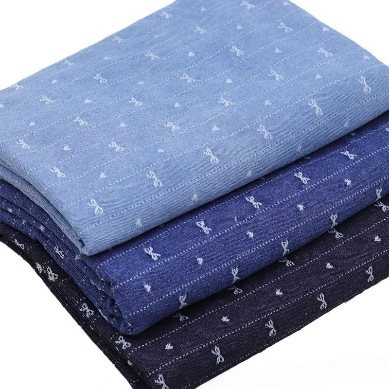 Stripe Embroidery Bow Water Washed Jacquard Denim Fabric Retro Jacket Jeans Bag Diy Sewing Fabric