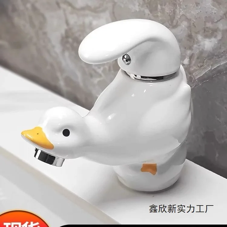 cartoon-cute-white-ceramic-duck-faucet-washbasin-basin-home-wash-basin-hot-and-cold-water-faucet-bathroom-decoration-gadgets
