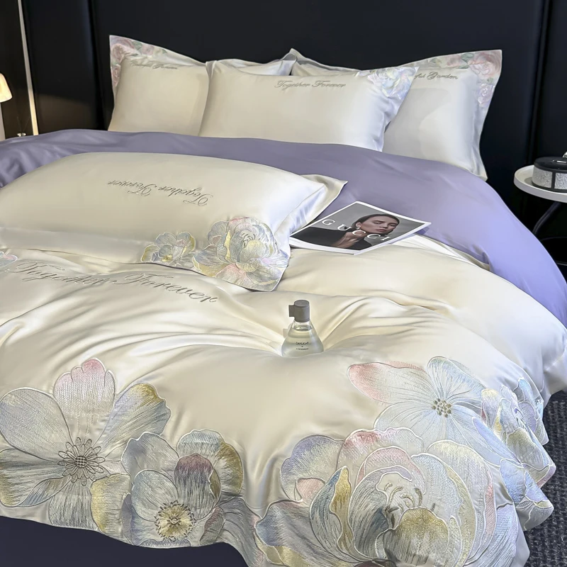 

4Pcs Light Luxury Style Pure Cotton Long Staple Cotton Floral Embroidered Duvet Cover 200x230 220x240 Bedding Four Seasons