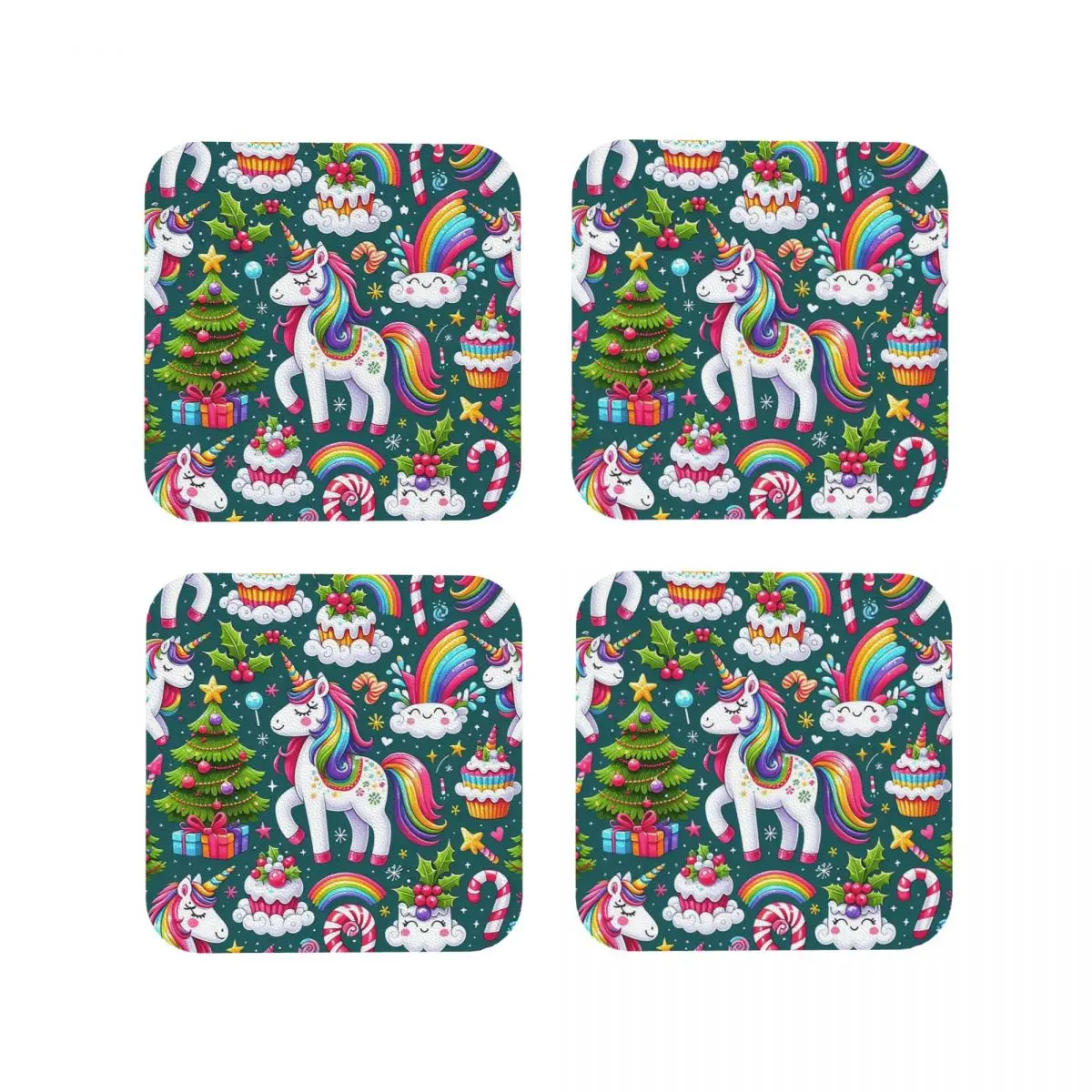

Праздничные рождественские единороги с радужными подставками, кухонные салфетки, изоляционные кофейные коврики для чашек для дома, подушечки для посуды, набор из 4 шт.