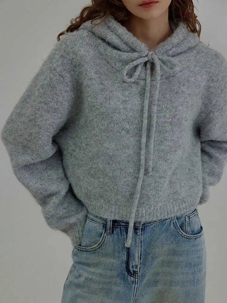 French Grey Drawstring Knitted Sweater For Women'S Autumn And Winter Fashion Hooded Loose Short Top