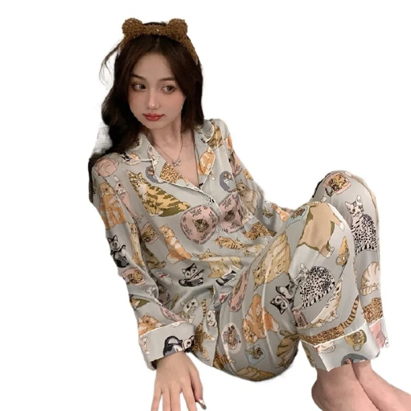 Large Size cartoon Sleepwear Loungewear Women Autumn and Winter Pajamas ladies Long Sleeve Long Trousers nightwear HomeWear 2pcs