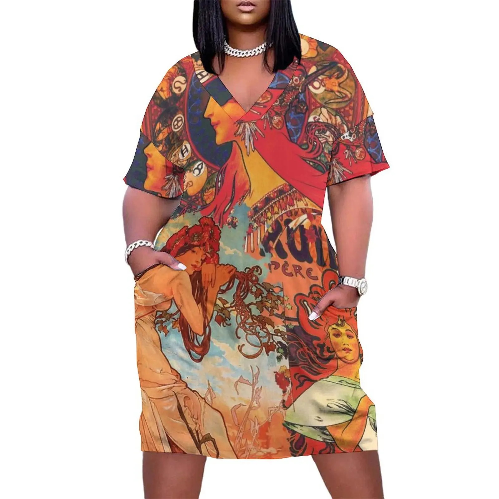 

Alphonse Mucha Loose Pocket Dress birthday dress for women luxury 2025 Dress vintage